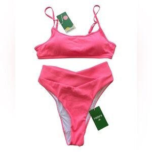 Halara two piece bikini swim pink ribbed high cut medium NWT